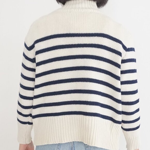 Zora Vichy Collection Cream w Navy Stripe Knit Ribbed Mockneck Sweater S - Picture 3 of 11